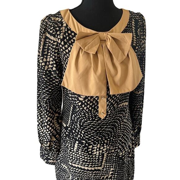 Lovposh Women's Geometric Bow Mini Dress - Tan Black - Small Feminine 70s - Picture 5 of 11
